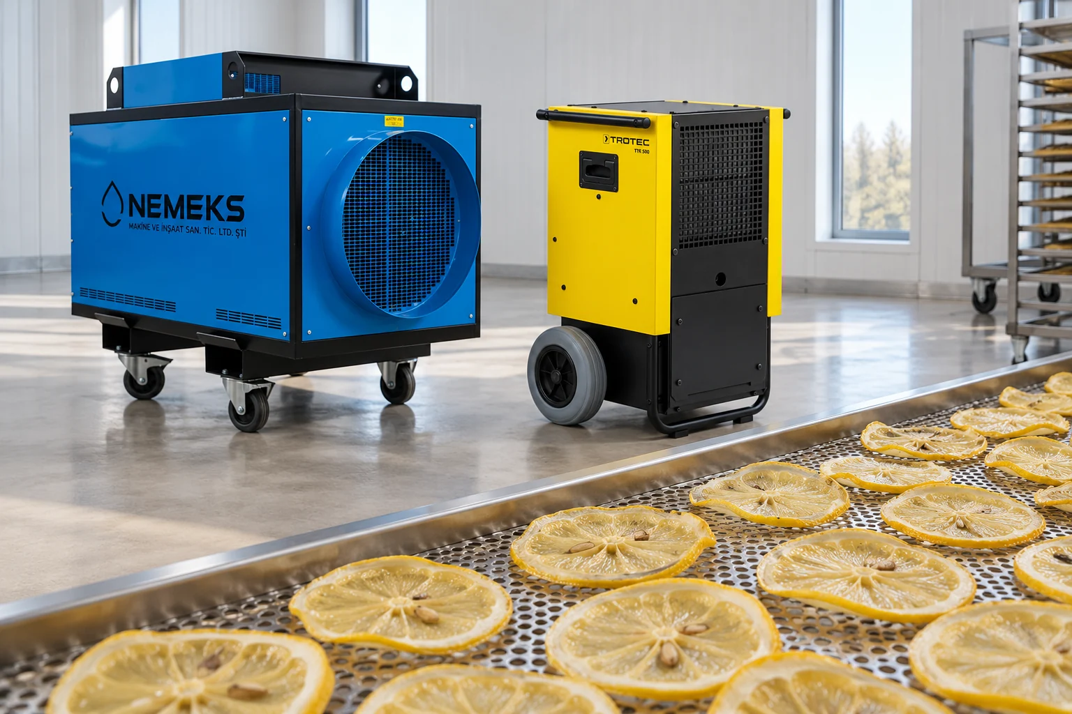 Limon kurutma alanında birlikte kullanılan elektrikli ısıtıcı ve nem alma cihazı